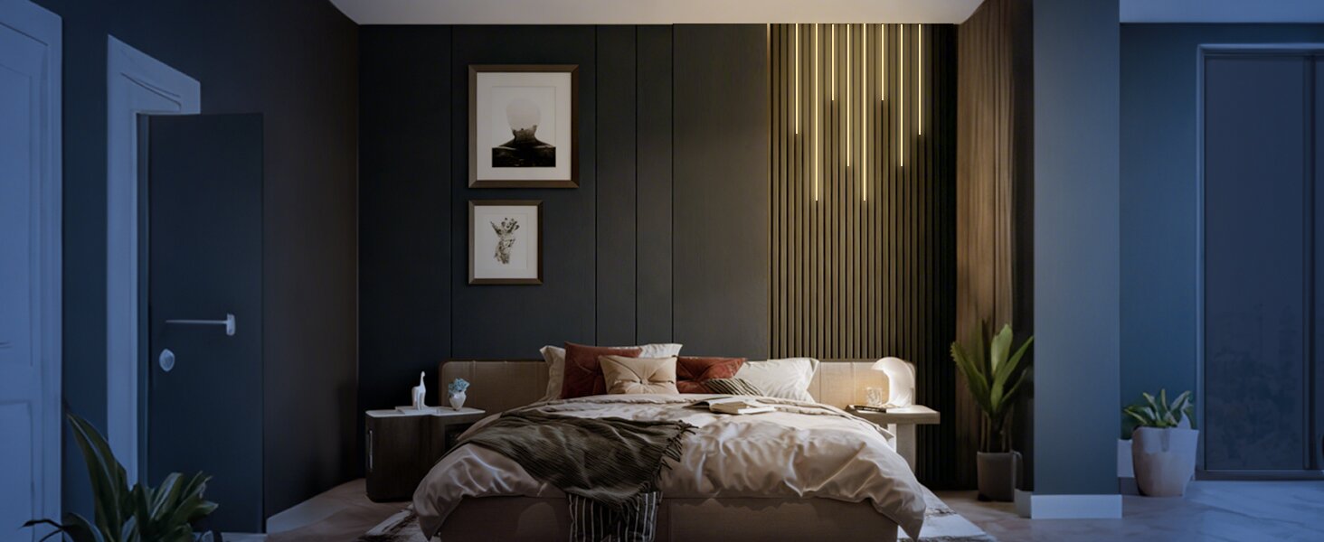 Bedroom accent wall with recessed LED strips for relaxation